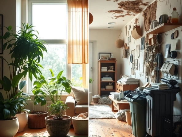 "Split-view image showcasing the ultimate showdown between a zen oasis and a cluttered chaos. Left side: a serene living room with plants doing yoga, pastel walls whispering 'chill,' and sunlight showing off. Right side: a dimly lit dust festival, moldy corners doing their thing, and a trash bin auditioning for a landfill. The perfect yin-yang of home environments impacting wellness, with a side of humor!"