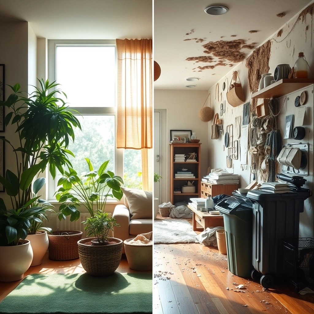 "Split-view image showcasing the ultimate showdown between a zen oasis and a cluttered chaos. Left side: a serene living room with plants doing yoga, pastel walls whispering 'chill,' and sunlight showing off. Right side: a dimly lit dust festival, moldy corners doing their thing, and a trash bin auditioning for a landfill. The perfect yin-yang of home environments impacting wellness, with a side of humor!"